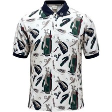 Sergio Tacchini Polo Men XL Vintage White All Over Golf Print Short Sleeve Shirt
