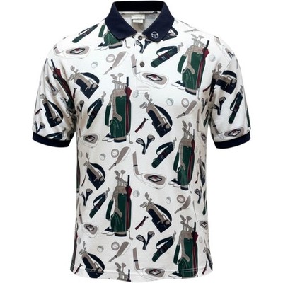 Sergio Tacchini Polo Men XL Vintage White All Over Golf Print Short Sleeve Shirt