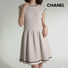CHANEL Women Dress Vintage Short Sleeve Knee Length 36 Beige VHTF Designer Colle