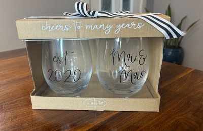 Set of 2 Mr & Mrs - Est 2020 Mud Pie Stemless Anniversary Wine Glasses