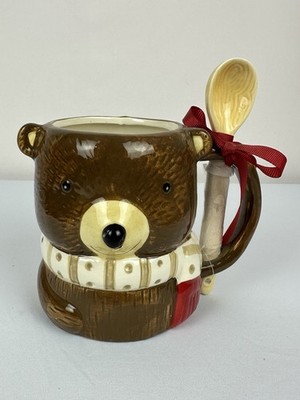 Holiday Time Mug Bear With Scarf And Spoon Hand Painted Earthenware