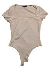 Cider Bodysuit - Size XL 10, 12 - Ribbed Tan Beige Square Neck Short Sleeve