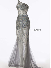Jovani Evening Gown Womens 2 Gray One Shoulder Sequin Tulle Prom Dress