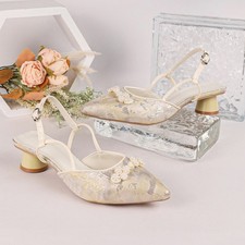 Women's Floral Jacquard Slingback Pumps, Pointed Toe Mid Heel Party Dress Shoes