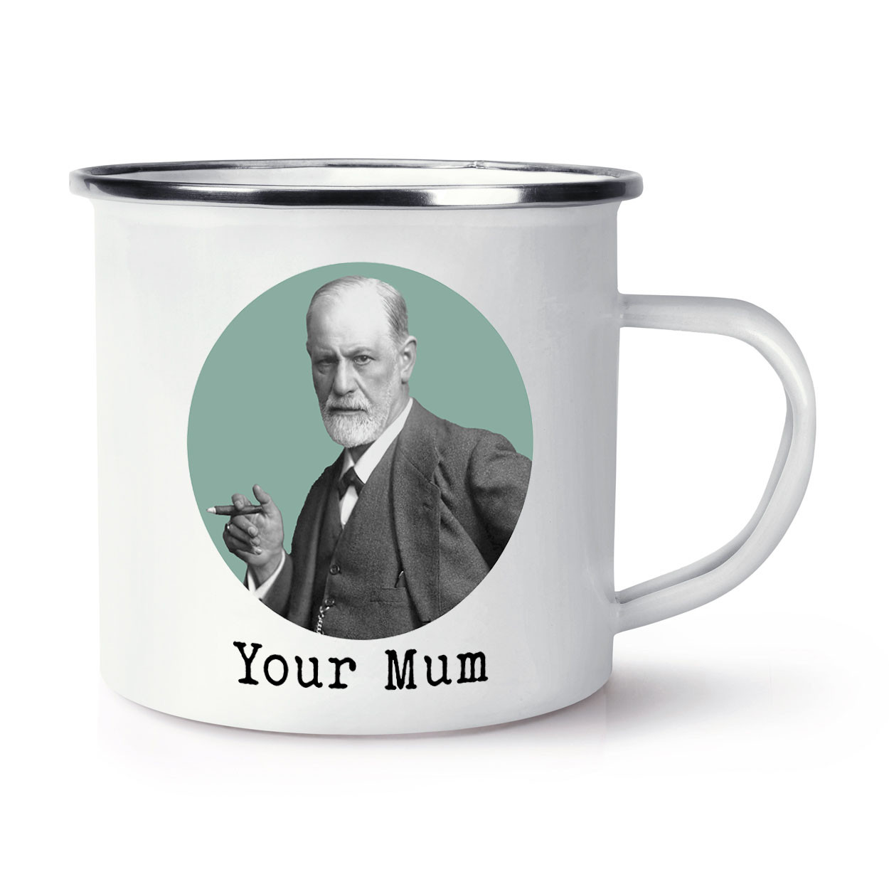 Freud Your Mum Enamel Mug Cup Funny Sigmund Rude Joke Insult