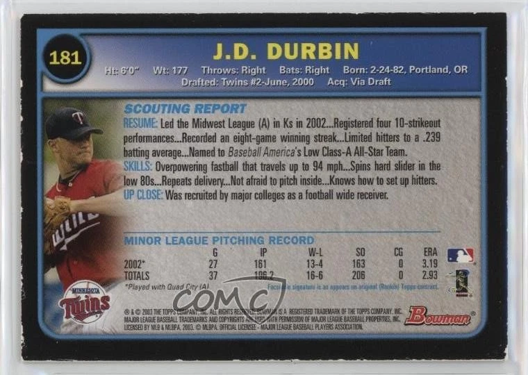 2003 Bowman Gold JD Durbin #181 Rookie RC - Image 2 of 2