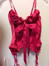 NEW VICTORIA'S SECRET RED PINK SATIN CORSET SMALL ROSETTES G STRING BEAUTIFUL