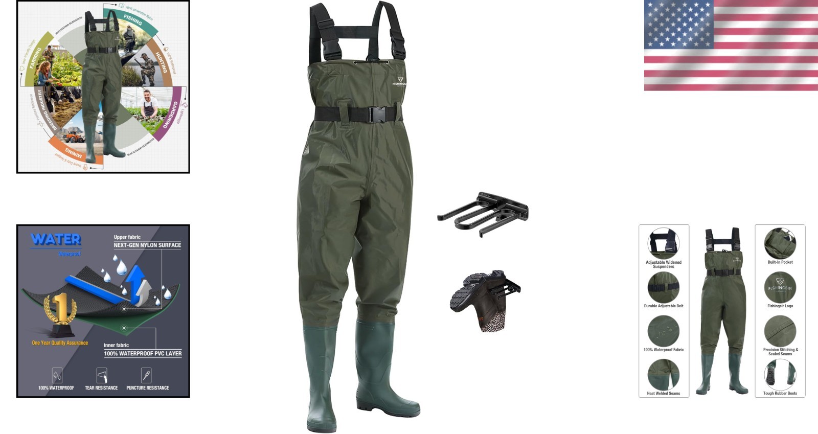 Chest Waders Waterproof Insulated Bootfoot Fishing Hunting Green M Sz 9 W Sz 11 DikaSun Fishing Waders — Bootfoot Chest Waders, Dark Green  main image 2