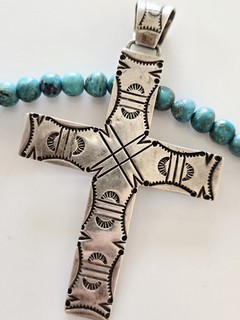 Vintage Old Pawn Signed Sterling Silver NAVAJO Hand Stamped Cross 3 3/4" Pendant