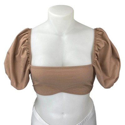 SABO Women's Tan Linen Short Puff Sleeve Bandeau Tube Blouse Crop Top Size M