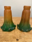 2 Vintage Green Amber Glass Tulip Lily Pad Lamp Shades Tiffany Style Replacement