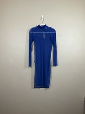 Womens Sheer Mesh Midi Dress M Blue Side Slit Mock Neck Club Rave Party Festival