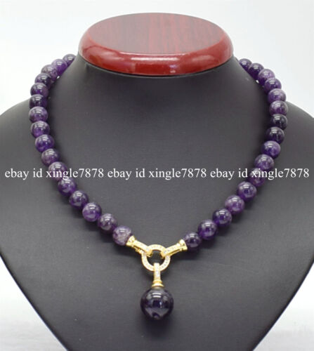 Genuine 10mm Natural Amethyst Round Gemstone Beads Pendant Necklace 20" - 第 1/12 張圖片