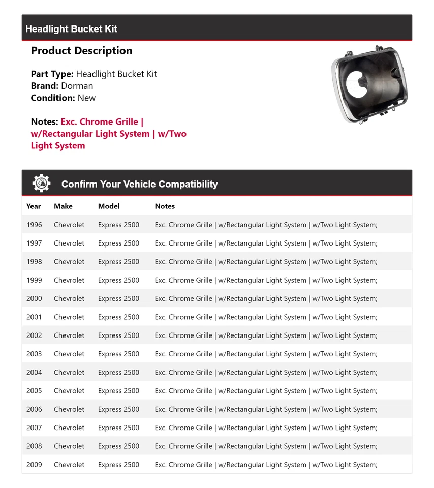 Kit de canastilla de faros para Chevrolet Express 2500 Dorman 1996-2009 1997 1998 1999 Foto 2 de 4