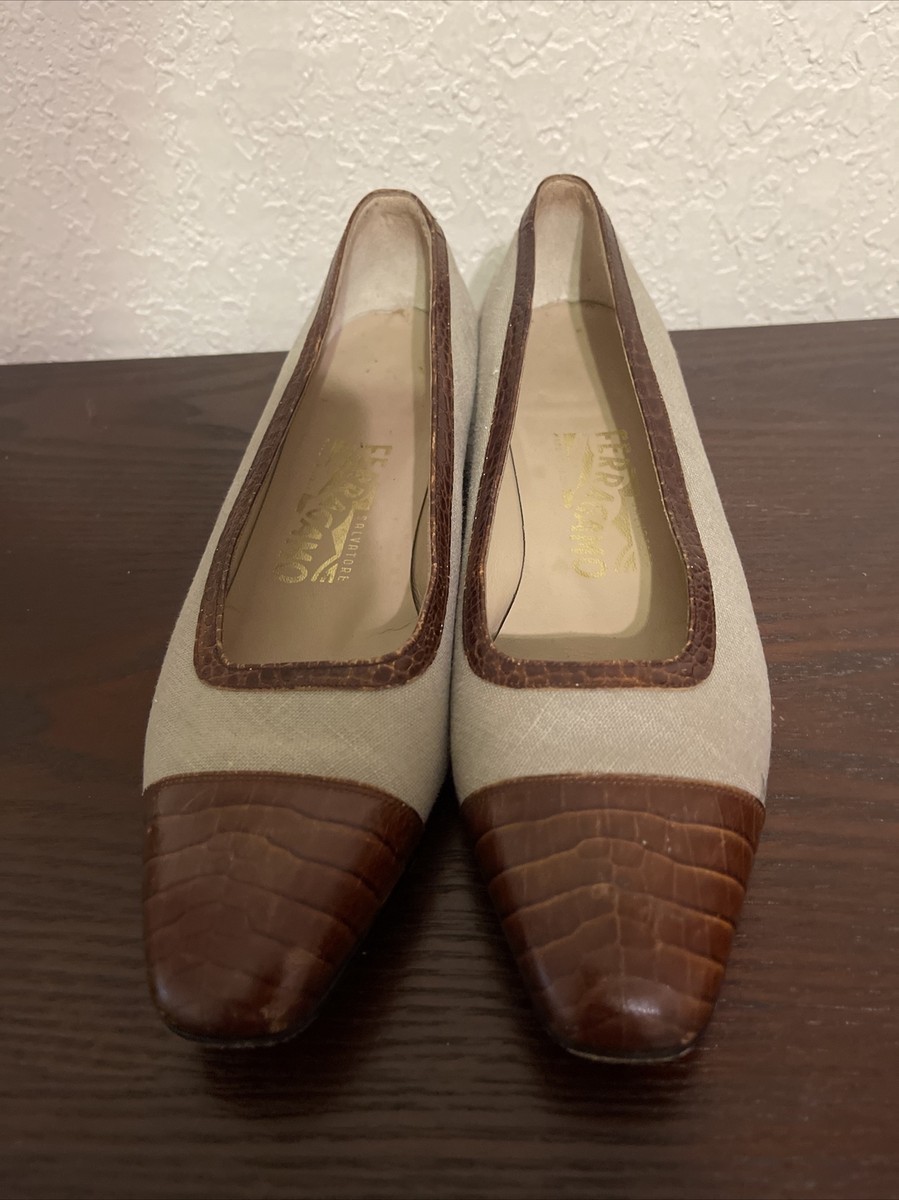 Salvatore Ferragamo Shoes, Brown Leather Beige Fabric, Women Size