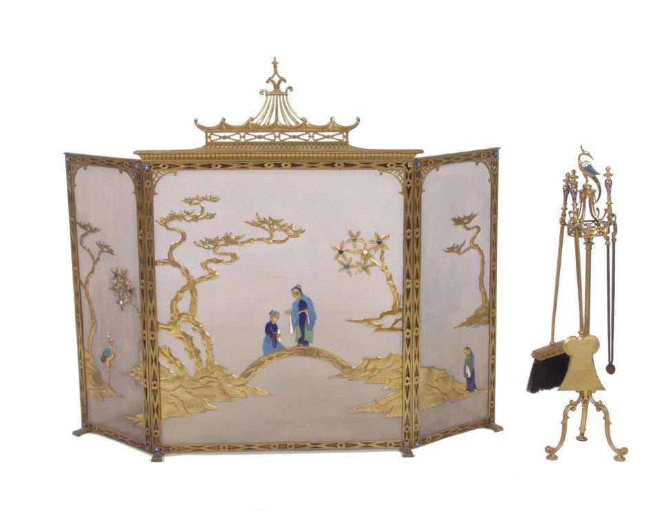 19th Cent LOUIS XV/XVI French Chinoiserie Fireplace Screen &Tools