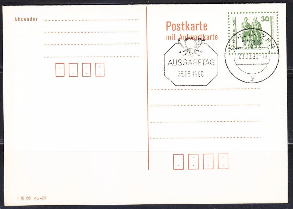 Germany DDR 1990 FDC post card Mit Antwort with answer card.Monument,memorial ** - Image 2 of 2