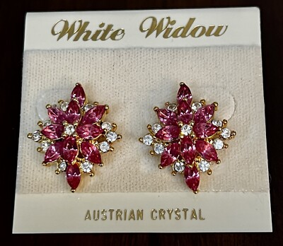 New Austrian Crystal Rhinestone Pierced Earrings, Pink, Clear-Gorgeous Vtg