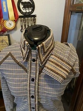 Western All Day Blk Choc Stretch Plaid Hidden Zipper Retro Horse Show Day Shirt