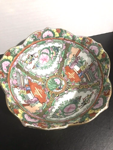 Lotus Rose Medallion Bowl Hand Painted Marked 8.25" Wide Chinese Vintage