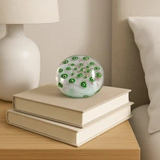Vintage Millefiori Art Glass Paperweight • Green Floral Cane Swirl Orb Murano