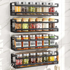Wall Mount Spice Rack, Black,4 Pack  16 Hooks,Screw or Adhesive Installation.