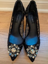 Dolce & Gabbana • Runway Pointed Toe Crystal Embellished Black Lace Heel Sz 37