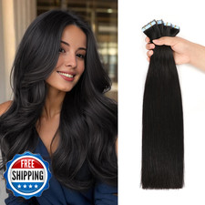 JESSBO Remy Tape in Hair Extensions Human Hair Straight Natural Black 20 Inch