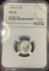 1945- D Mercury Dime  — NGC MS66 — BLAST WHITE!