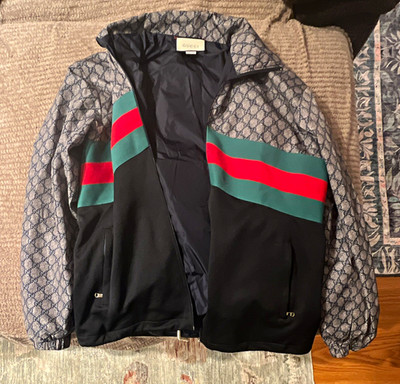 Gucci GG Supreme Monogram Web Stripe Full Zip Track Jacket Black/Gray 48