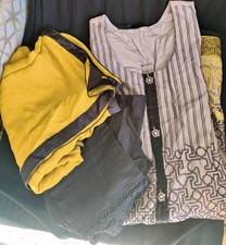 Pakistani Cotton Salwar Kameez Embroidered Gray Black Yellow Set with Dupatta