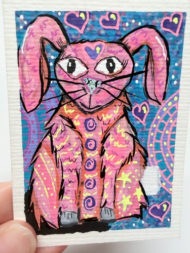 ACEO Original Painting "The Dreamer" Colorful Folk Marked Bunny Rabbit Mini Art