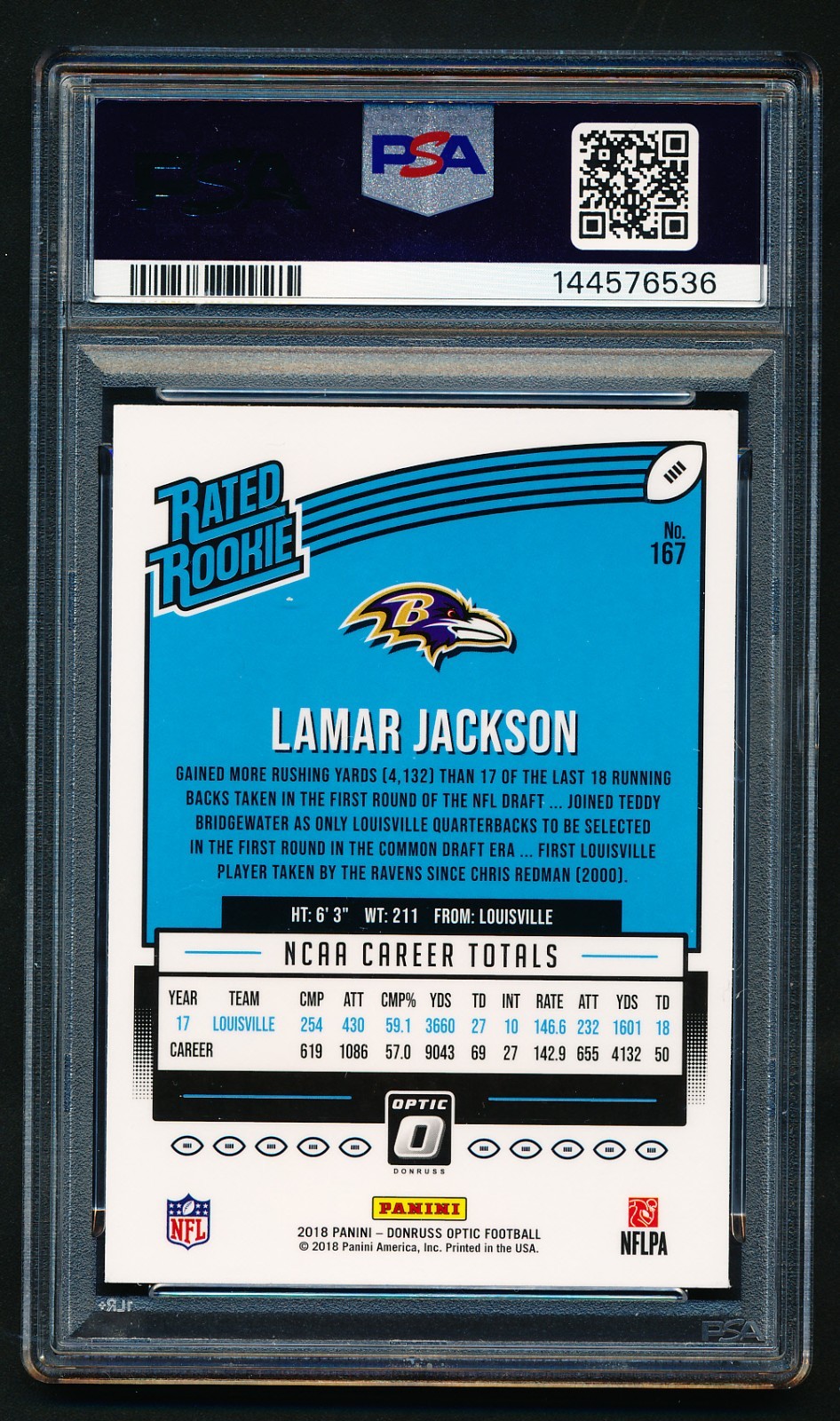 2018 Panini Donruss Optic Lamar Jackson Rookie Card #167 PSA 9 MINT Ravens RC! view 2