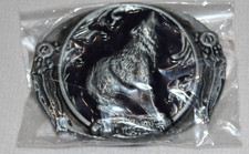 New Howling Wolf Feathers Belt Buckle Blue Acrylic Backing Brushed Silver