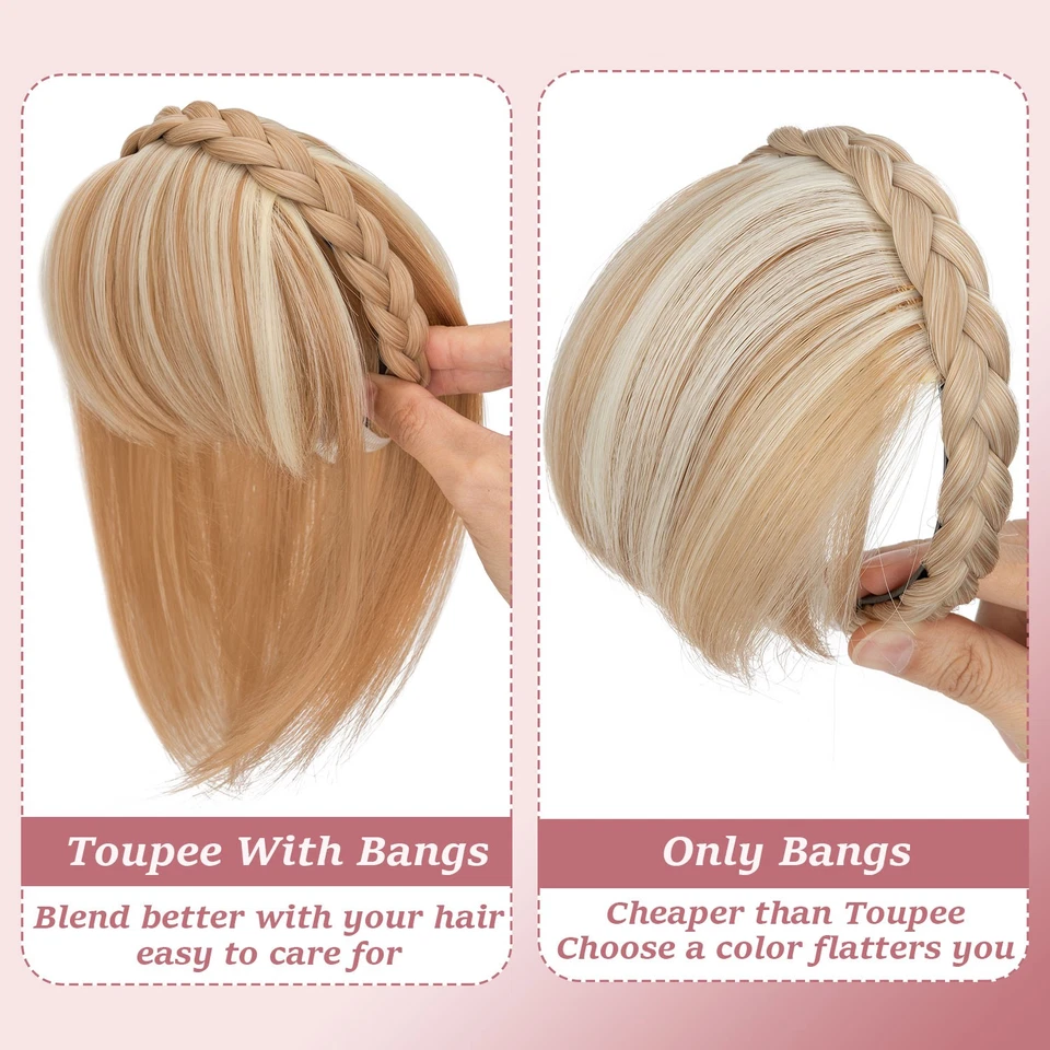 Diadema natural gruesa y ordenada Toupee para mujer con flequillo, peluca de cabello sintética Foto 3 de 4