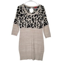 Liv Sweater Dress Leopard Print Keyhole Neck 3/4 Sleeve Knit Beige Black M