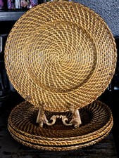 4 Woven Rattan Wicker 13.5" Plate Chargers Tight Woven Sturdy Footed 