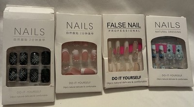 False Nail, press on nails long 4 Pack Rhinestones, Butterfly, Flowers, Navy