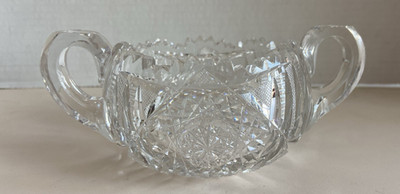 Vtg Cut Glass Brilliant Crystal Clear Sugar Bowl Dish Double Handle Sawtooth Rim