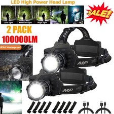 2Pack 100000 Lumen Super Bright Head Lamp Rechargeable LED Headlamp Flashlight