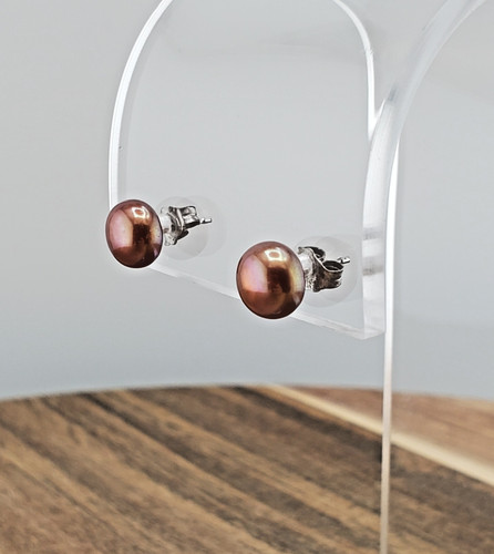 VTG 925 Copper Rose 6mm Pearl Stud Earrings Sterling Silver 1g Metallic Luster