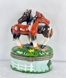 Vintage Porcelain Hinged Trinket Box Horses