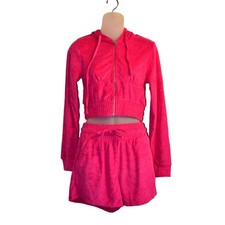 Zenana S Terry Long Sleeve Cropped Zip Up Hoodie  Shorts Lounge Set Pink Small