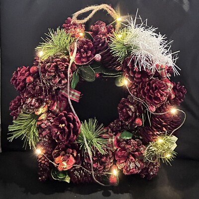 Vintage traditioneller Weihnachtskranz beleuchtet Tannenzapfen Beeren 11 Zoll