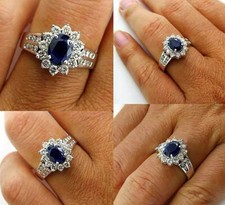 5 Ct Lab-Created Oval Blue Sapphire Round CZ Halo Flower Cluster Ring 925 Silver
