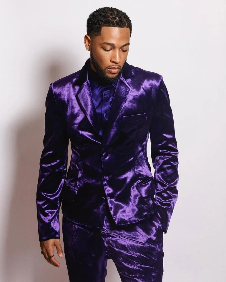 Esmoquin púrpura de terciopelo 2 piezas para hombre para cena fiesta boda novio blazers Foto 2 de 4