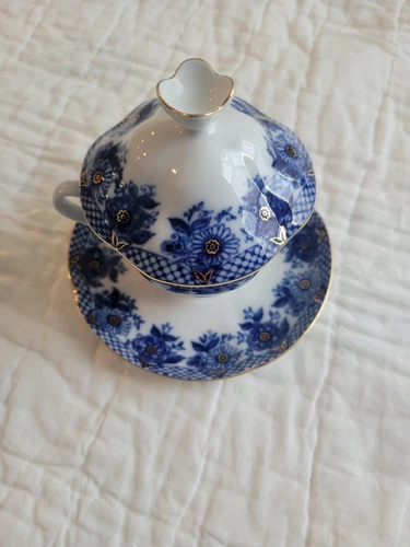 Vintage Lomonosov Imperial Fine Porcelain Teacup & Saucer w/Lid Made in Russia