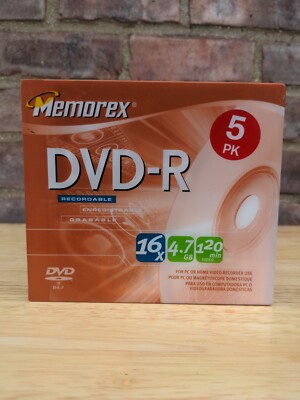 New 5-Pack Memorex DVD-R 4.7GB 120-Minutes 16X Recordable Discs w/slim cases