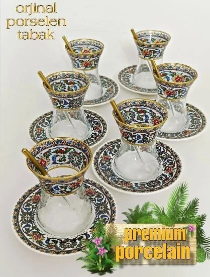  Juego de 6 tazas de té de vidrio turco de porcelana de vidrio con estampado floral dorado Foto 4 de 4