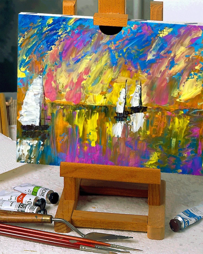 Cuchillo paleta pintura velero original puesta de sol en el mar paisaje marino texturizado Foto 4 de 4